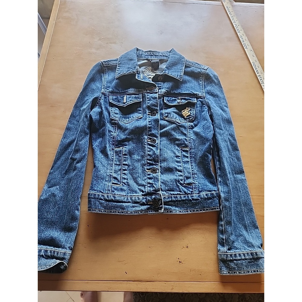 Y2K RocaWear Embroidery Women's Jean Jacket Size S Blue Biker Streetwear